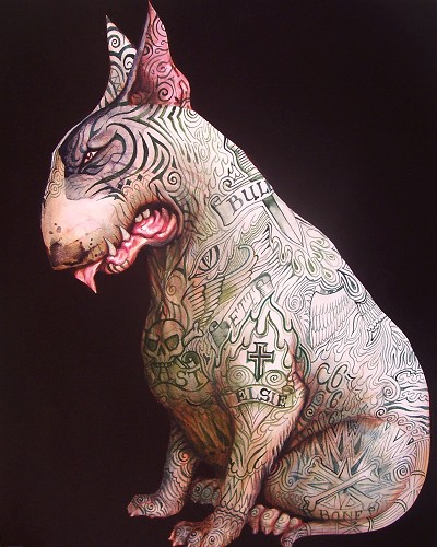 The work conveys an unsettling intensity, with a brooding and defiant energy radiating from its subject. It leaves one with a strange mix of apprehension and fascination, a sense of raw power contained within a rigid, almost ceremonial, presentation. The atmosphere is thick with a feeling of primal, untamed spirit. A menacing and tattooed creature against a dark, void-like background.