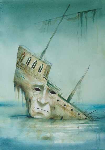 The painting conveys a profound sense of desolation and weary acceptance. It leaves the viewer with a feeling of quiet despair, as if witnessing a final, undeniable surrender to an overwhelming, indifferent force. The tone is mournful, tinged with a surreal stillness that speaks of an ending beyond rescue. Melancholy resignation and watery entrapment